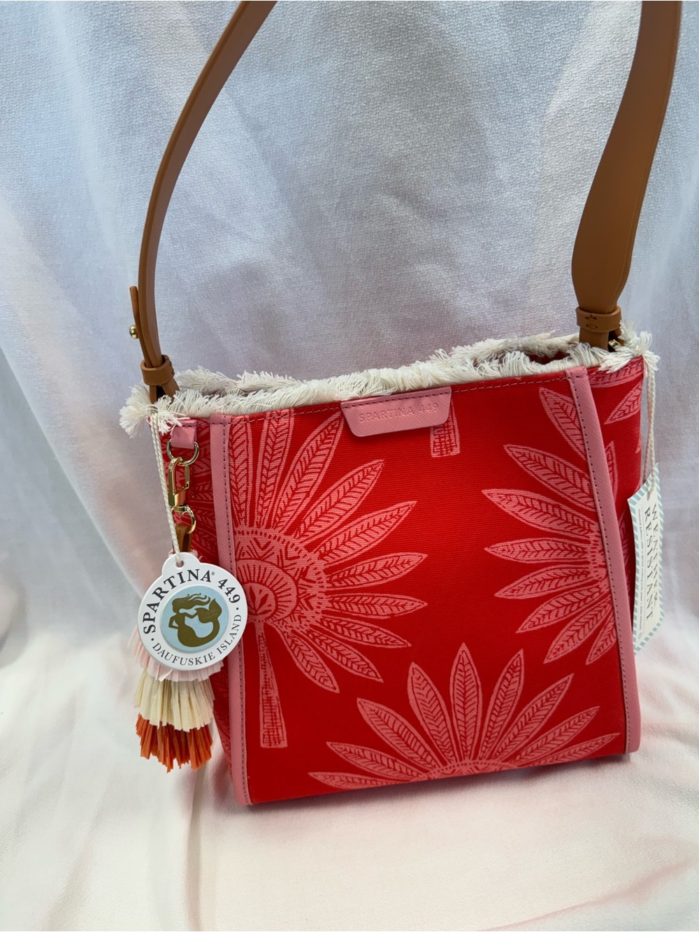 Spartina 449 Red Palm-Print Shoulder Bag with Tan Strap